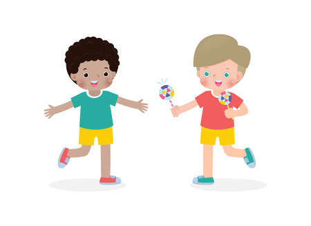 Happy cute little kids sharing candy to friend Cartoon characters flat design isolated on white background vector illustrationのイラスト素材