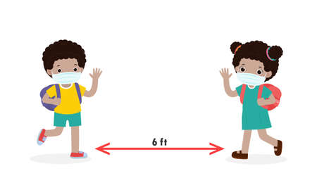 Back to school for new normal lifestyle concept, Social Distancing, Children black wearing a surgical protective Medical mask for prevent virus on white background vectorのイラスト素材