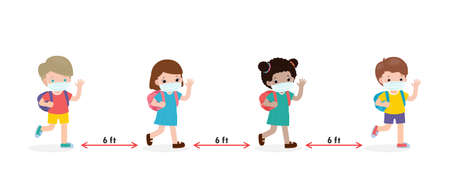 Back to school for new normal lifestyle concept. happy kids wearing face mask and social distancing protect coronavirus covid 19, group of children and friends go to school isolated on backgroundのイラスト素材