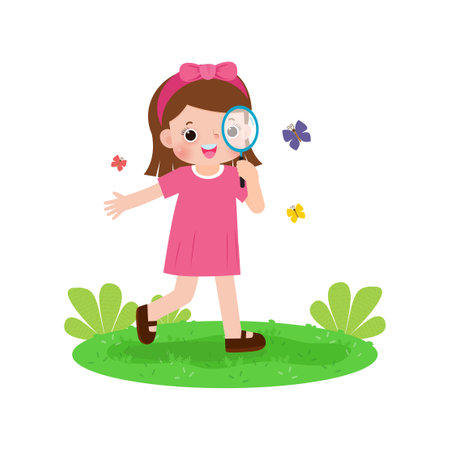 Happy cute kids looking through magnifying glasses at butterfly. Children observing nature Flat cartoon character design isolated on white background Vector illustrationのイラスト素材