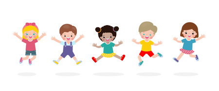 Happy kids jumping and dancing on the park, children activities, children playing in playground, Template for advertising cartoon character design isolated on white background Vector Illustrationのイラスト素材