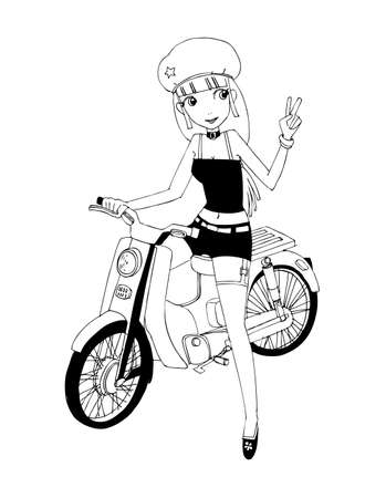 Happy woman riding a motorcycle cartoon doodle young girl teenage, beautiful cute girls hand drawn, isolated on white background vector illustrationのイラスト素材