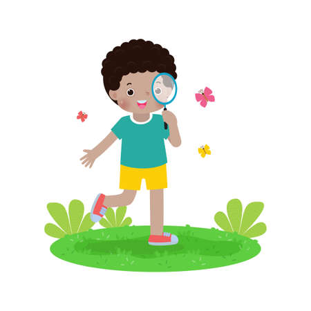 Happy African American cute kids looking through magnifying glasses at butterfly. Children observing nature Flat cartoon children character design isolated on white background Vector illustrationのイラスト素材