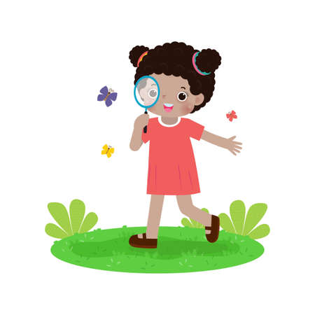 Happy African American cute kids looking through magnifying glasses at butterfly. Children observing nature Flat cartoon children character design isolated on white background Vector illustrationのイラスト素材