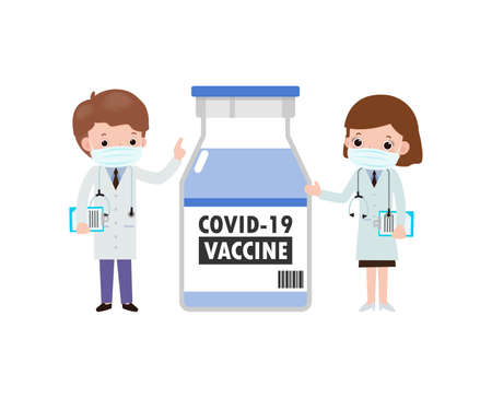 COVID-19 or coronavirus (2019-nCoV) vaccine concept. happy asian Doctors team with Vaccine vial, Medical staff doctor and nurse, group of medics isolated on white background vector illustrationのイラスト素材