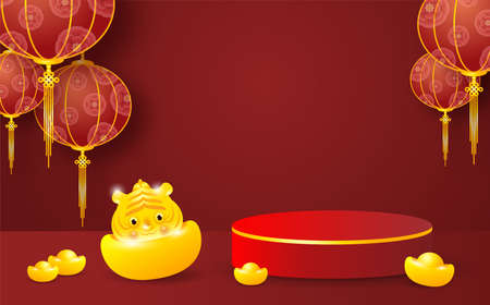 Asian theme product display podium with gold tiger illustration background Podium round stage podium and paper art Chinese New Year 2022, year of the tiger zodiac red and goldenのイラスト素材