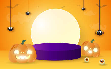 Halloween podium for product display concept, Stand show and showcase with pumpkin patch in the moonlight. Jack O Lantern, vector illustration background halloween Festive Elements paper art styleのイラスト素材