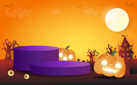 Halloween podium for product display concept, Stand show and showcase with pumpkin patch in the moonlight. Jack O Lantern, vector illustration background halloween Festive Elements paper art styleのイラスト素材