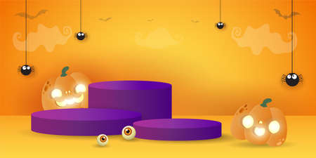 Halloween podium for product display concept, Stand show and showcase with pumpkin patch in the moonlight. Jack O Lantern, vector illustration background halloween Festive Elements paper art styleのイラスト素材