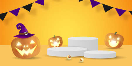 Halloween podium for product display concept, Stand show and showcase with pumpkin patch in the moonlight. Jack O Lantern, vector illustration background halloween Festive Elements paper art styleのイラスト素材