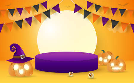Halloween podium for product display concept, Stand show and showcase with pumpkin patch in the moonlight. Jack O Lantern, vector illustration background halloween Festive Elements paper art styleのイラスト素材