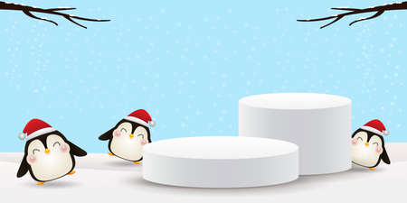 merry christmas and happy new year stage pedestal or platform, geometry podium shape for show product display, Abstract minimal mock up scene, winter christmas background with penguin. 3D vector xmasのイラスト素材