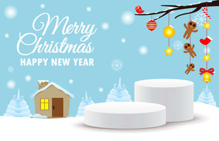 merry christmas and happy new year stage pedestal or platform, geometry podium shape for show product display, Abstract minimal mock up scene, winter christmas background with tree xmas. 3D vectorのイラスト素材