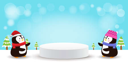 merry christmas and happy new year stage pedestal or platform, geometry podium shape for show product display, Abstract minimal mock up scene, winter christmas background with penguin. 3D vector xmasのイラスト素材