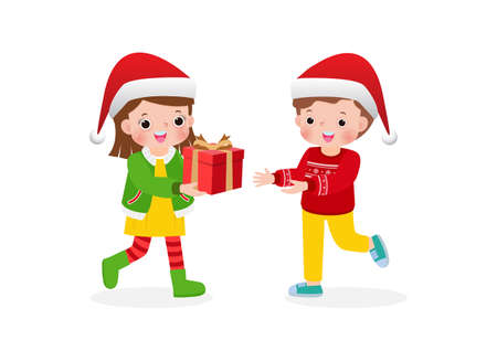 cute little asian boy give present to girl for christmas Cartoon characters flat design isolated on white background vector illustrationのイラスト素材