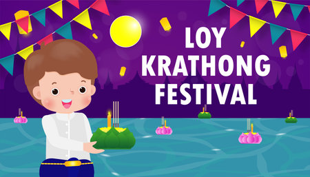 Loy Krathong Festival banner concept with cute thai male in National costume holding krathong in full moon night and lanterns Celebration and Culture of Thailand poster template background Vectorのイラスト素材