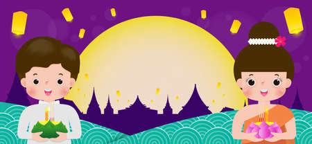 Loy Krathong Festival banner concept with cute Thai couple in National costume holding krathong in full moon night and lanterns Celebration and Culture of Thailand poster template background Vectorのイラスト素材