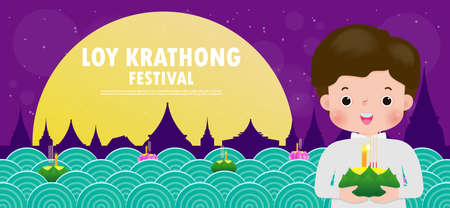 Loy Krathong Festival banner concept with cute thai male in National costume holding krathong in full moon night and lanterns Celebration and Culture of Thailand poster template background Vectorのイラスト素材