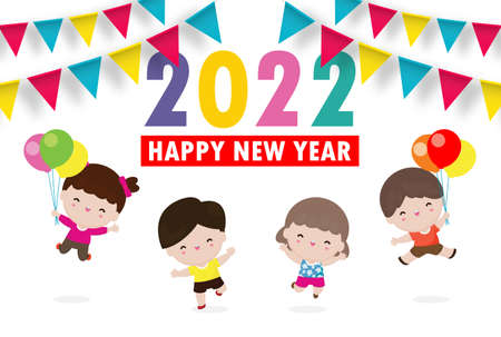 Happy New Year 2022 greeting card with group kids jumping, happy children with Happy new year, flag Colorful background Vector Illustration isolatedのイラスト素材