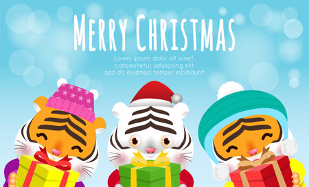 Merry Christmas and Happy new year poster, The year of the tiger, Group of happy bengal tiger wearing christmas hats santa claus with Christmas gifts in snow scene winter banner, Xmas holiday partyのイラスト素材