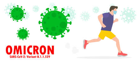 people in panic running away from particles of Omicron 21 Covid variant B.1.1.529. Coronavirus spreading on south africa isolated on white background vector illustrationのイラスト素材