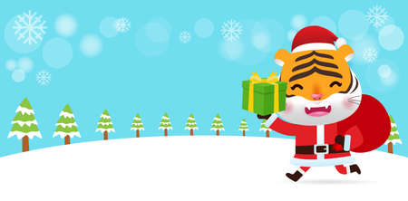 Merry Christmas and Happy new year poster, The year of the tiger, happy bengal tiger wearing christmas hats santa claus with Christmas gifts in snow scene winter banner, Xmas holiday partyのイラスト素材