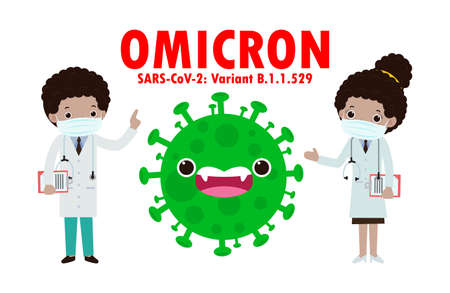 Doctors team with Omicron 21 Covid variant B.1.1.529. Coronavirus and Medical staff doctor and nurse isolated on white background vector illustrationのイラスト素材
