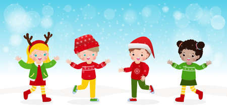 Happy group kids playing in the snow outdoor in winter fun, merry christmas poster Cartoon characters flat design isolated background vector illustrationのイラスト素材