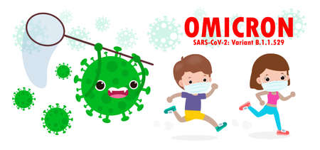 kids in panic running away from particles of Omicron 21 Covid variant B.1.1.529. Coronavirus spreading on south africa isolated on white background vector illustrationのイラスト素材