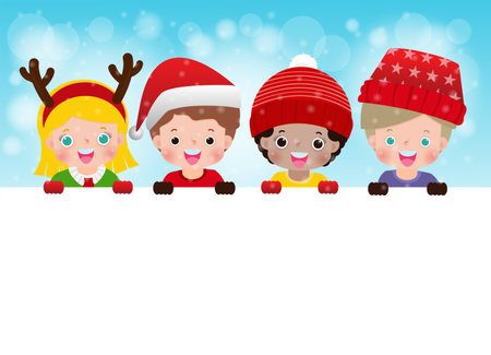Merry Christmas and Happy new year poster, cheerful Group of happy kids wearing christmas hats santa claus with big sign board in Christmas snow scene winter banner, Xmas holiday party concept vectorのイラスト素材