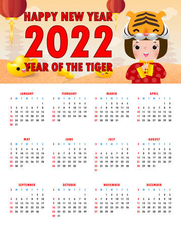 Calendar 2022. Happy Chinese new year. Happy chinese new year 2022 year of the tiger zodiac Week starts on Sunday. Calendar design Template banner Illustrations Vector Translation New Yearのイラスト素材