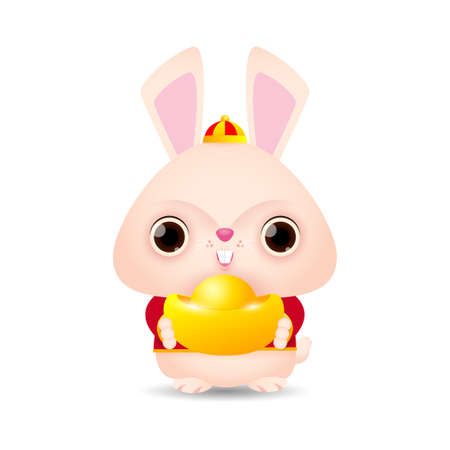 Happy Chinese new year 2023 greeting card, Cute Little rabbit holding chinese gold Ingots, year of the rabbit zodiac, Little bunny gong xi fa cai, Cartoon isolated white background vector illustrationのイラスト素材