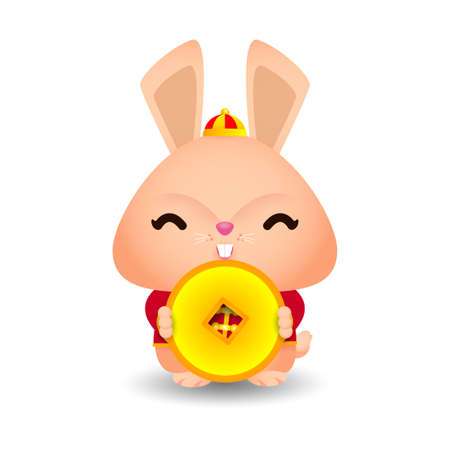 2023 Chinese new year, little rabbit with holding coins of gold,  year of the rabbit zodiac of Animal lucks, gong xi fa cai, Cartoon vector illustration isolated on white background.のイラスト素材