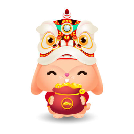 2023 Chinese new year, little rabbit with lion dance holding bag of gold,  year of the rabbit zodiac of Animal lucks, gong xi fa cai, Cartoon vector illustration isolated on white background.のイラスト素材