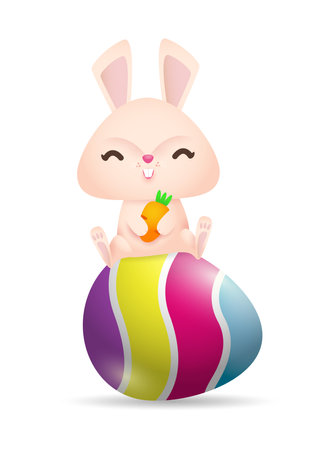 Happy Easter Little Rabbit Bunny with a painted egg, banner template isolated on white Background vector illustrationのイラスト素材