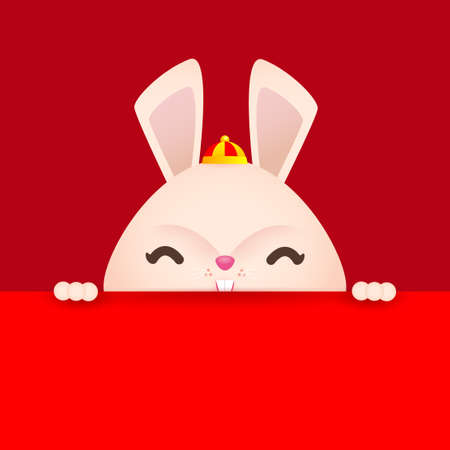 Happy Chinese new year 2023 year of the rabbit Little bunny with red big sign board, gong xi fa cai, zodiac Cartoon isolated on red background vector illustrationのイラスト素材