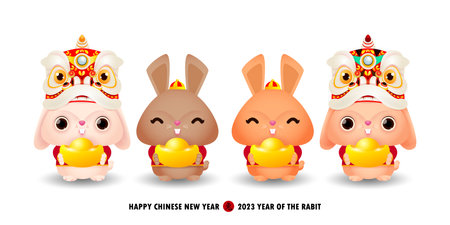 Four little rabbit holding golden ingots chinese new year 2023 year of the rabbit zodiac, gong xi fa cai Cartoon isolated on white background vector illustration, Translation happy chinese New Yearのイラスト素材