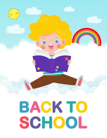 back to school with school kids reading book education concept, cartoon happy children background banner Template for advertising brochure, your text, child and frame isolated Vector Illustrationのイラスト素材
