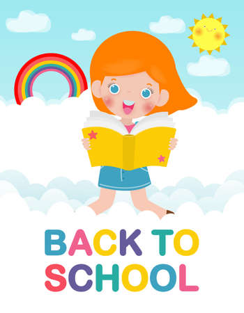 back to school with school kids reading book education concept, cartoon happy children background banner Template for advertising brochure, your text, child and frame isolated Vector Illustrationのイラスト素材