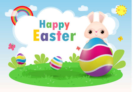 Happy Easter day poster. Little Rabbit Bunny with a painted egg with greeting card. Easter festival background with bunny and eggs on grass, banner template isolated vector illustrationのイラスト素材