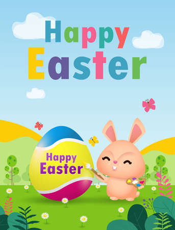 Happy Easter day poster. Little Rabbit Bunny with a painted egg with greeting card. Easter festival background with bunny and eggs on grass, banner template isolated vector illustrationのイラスト素材