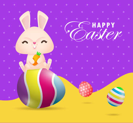Happy Easter day poster. Little Rabbit Bunny juggling painted egg with greeting card. Easter festival background banner template isolated vector illustrationのイラスト素材
