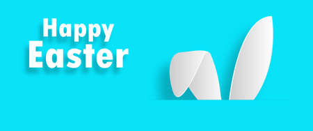 Happy Easter eggs poster paper art style. Little Rabbit Bunny cartoon comic paper cut design with greeting card. Easter day festival background banner template isolated vector illustrationのイラスト素材