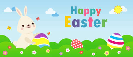 Happy Easter day poster. Little Rabbit Bunny cartoon flat design with greeting card. Easter egg festival background banner template isolated vector illustrationのイラスト素材