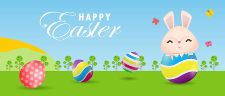 Happy Easter eggs poster, Little Rabbit Bunny cartoon with greeting card. Easter day festival background banner template isolated vector illustrationのイラスト素材
