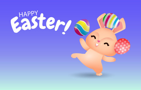 Happy Easter eggs poster, Little Rabbit Bunny cartoon with greeting card, Easter day festival background banner template isolated vector illustrationのイラスト素材