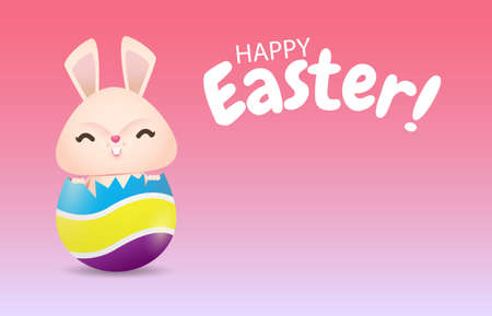 Happy Easter eggs poster, Little Rabbit Bunny cartoon with greeting card, Easter day festival background banner template isolated vector illustrationのイラスト素材