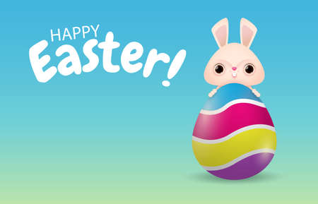 Happy Easter eggs poster, Little Rabbit Bunny cartoon with greeting card, Easter day festival background banner template isolated vector illustrationのイラスト素材