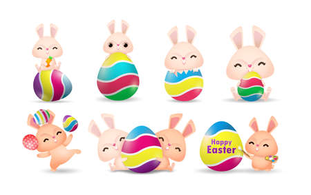 Set of Little Rabbit Bunny cartoon with Easter eggs, Happy Easter festival isolated on white  background vector illustrationのイラスト素材