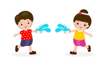 Happy Songkran Festival, Thai New Year, kids enjoy splashing water in Songkran festival, Thailand Traditional New Year Day Vector Illustration banner template isolated on whute backgroundのイラスト素材